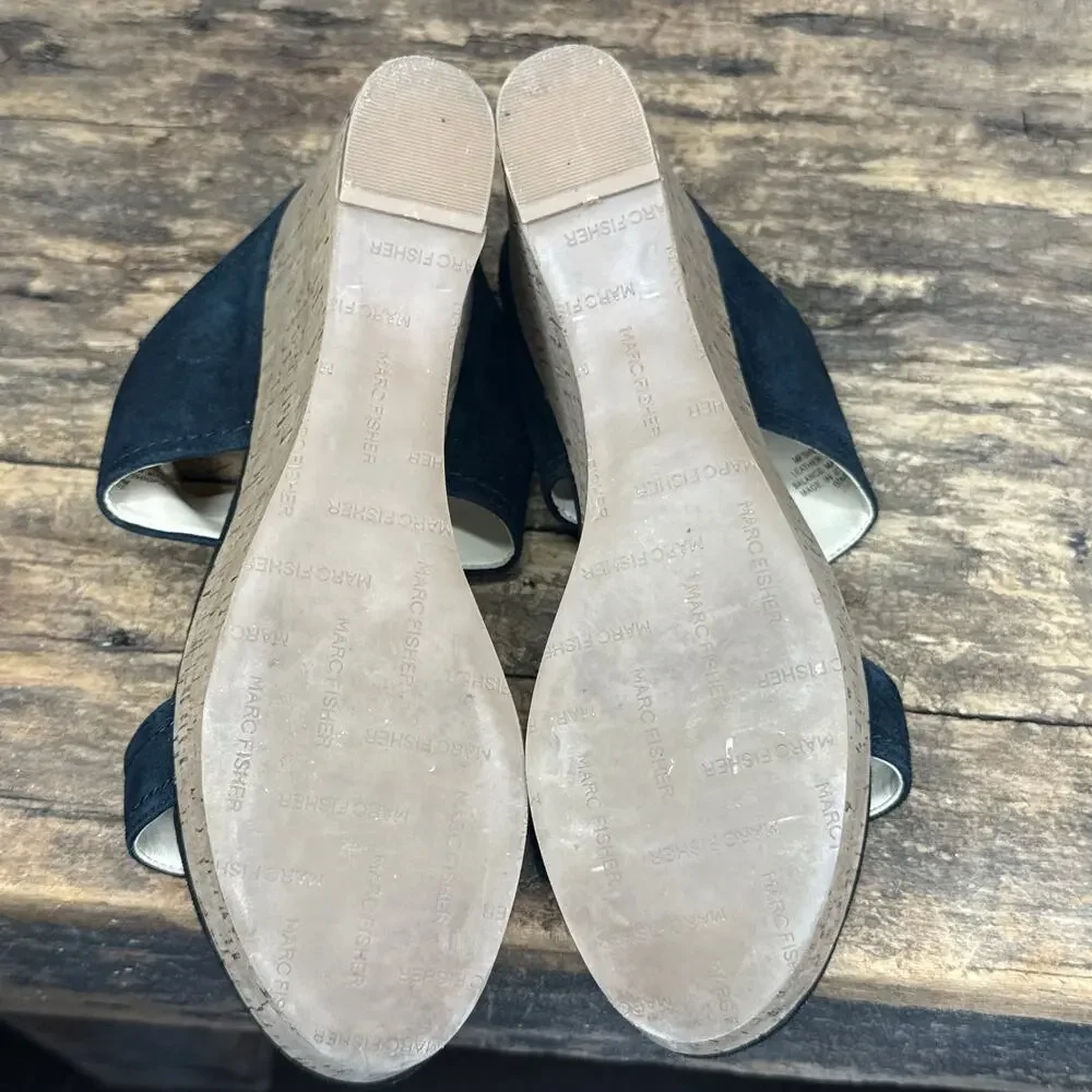 Marc Fisher Shelbee Navy Suede Cork Wedge Sandals Women’s 8.5M Leather Upper